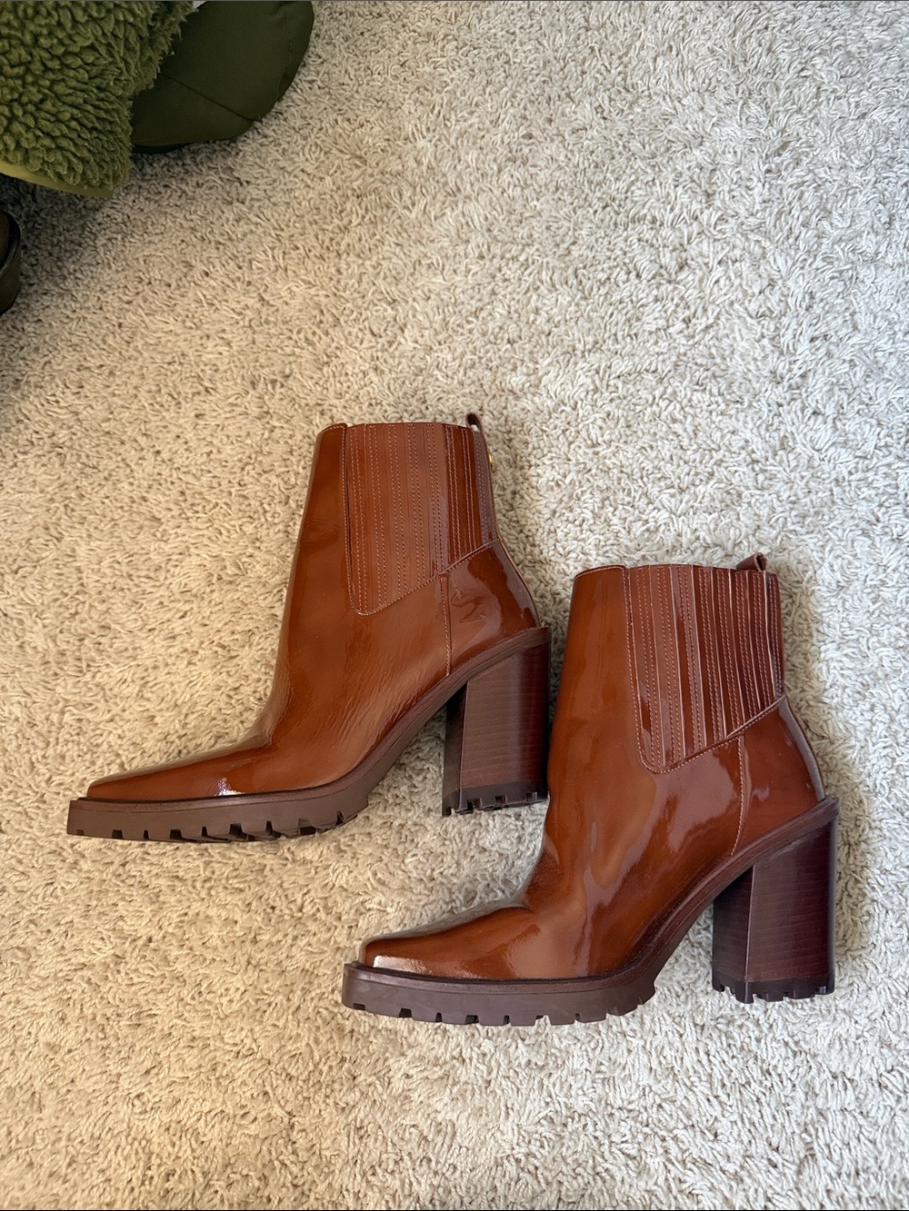 Vince Camuto Cognac Patent Leather Lug Heel Ankle Boots